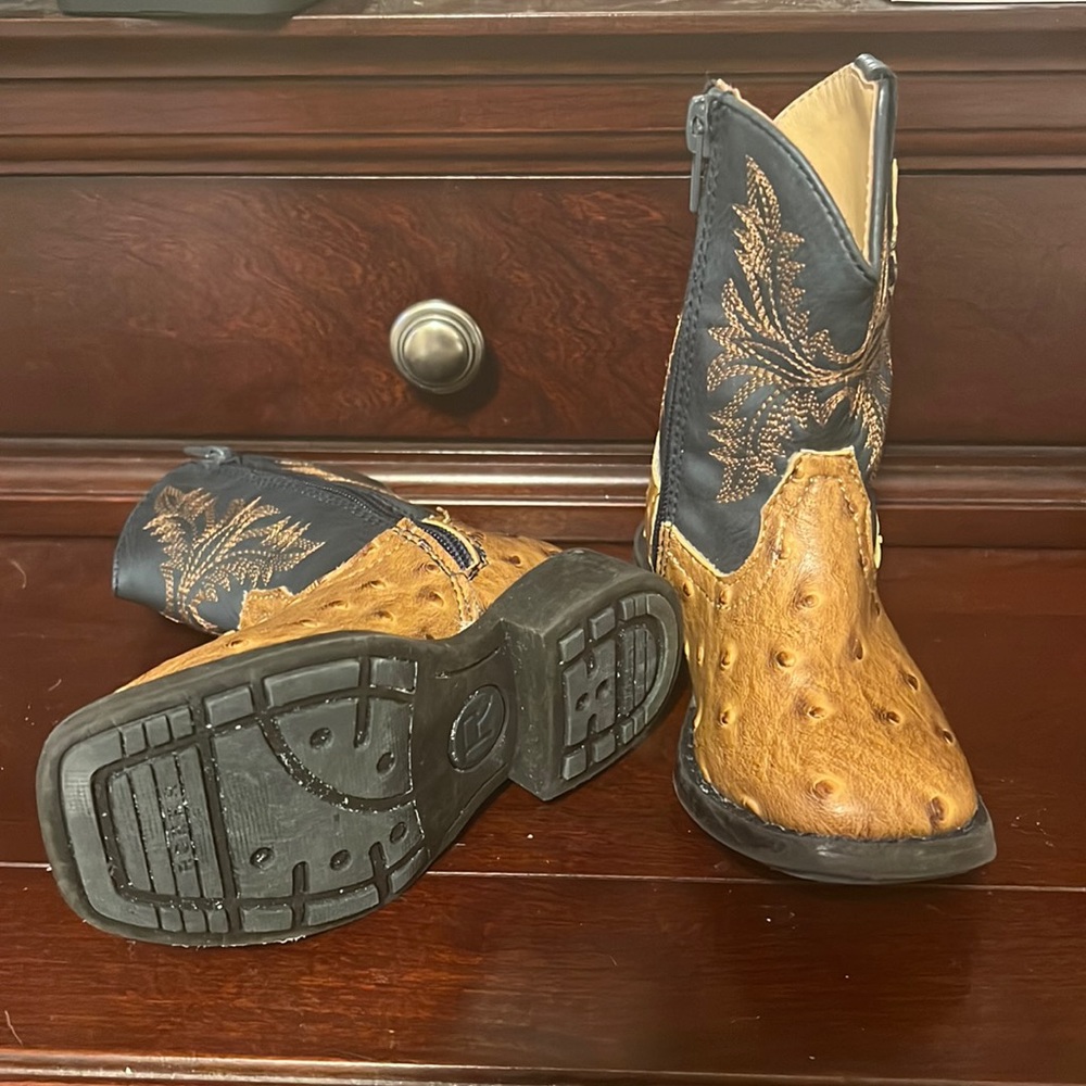 Roper Toddler Brown Ostrich Print and Navy Square Toe Western Boots